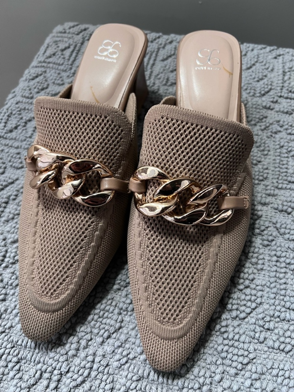 COSY ISLAND Beige Chain Pointed Toe Slip-On Block Heel Mules Fabric 8.5